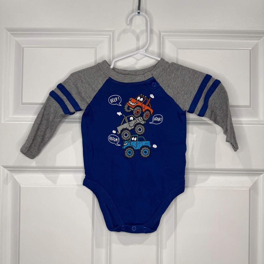 Garanimals Toddler Boys Size 3-6 Months Blue Monster Truck Long Sleeve‎ Bodysuit
